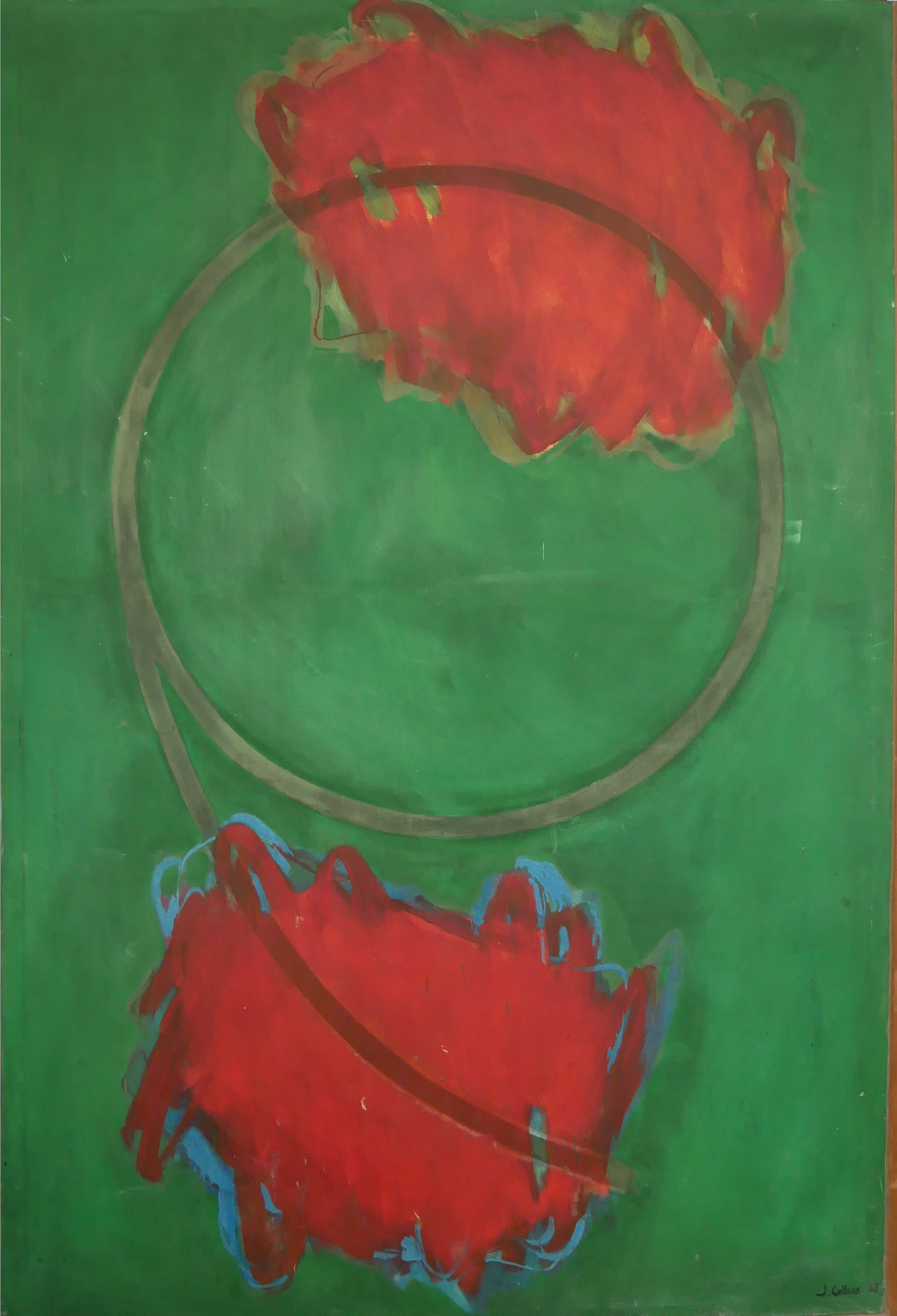 J. COLLINS, LARGE 20TH CENTURY ABSTRACT OIL ON CANVAS Geometric forms on a green ground, signed