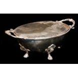 A LARGE VICTORIAN SILVER PLATED OVAL SPOON WARMER With twin handles, hinges lid and classical
