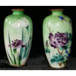 A PAIR OF JAPANESE MEIJI JINBARI VASES, baluster form with enamel floral decoration on pale green