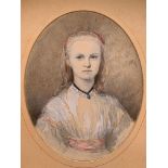 A 19TH CENTURY CONTINENTAL OVAL WATERCOLOUR, PORTRAIT OF A YOUNG GIRL With pink sash and headband,