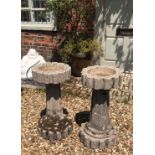 A PAIR OF ART DECO PERIOD RECONSTITUTED STONE BIRD BATHS, INDUSTRIAL DESIGN. (37cm x 73cm)