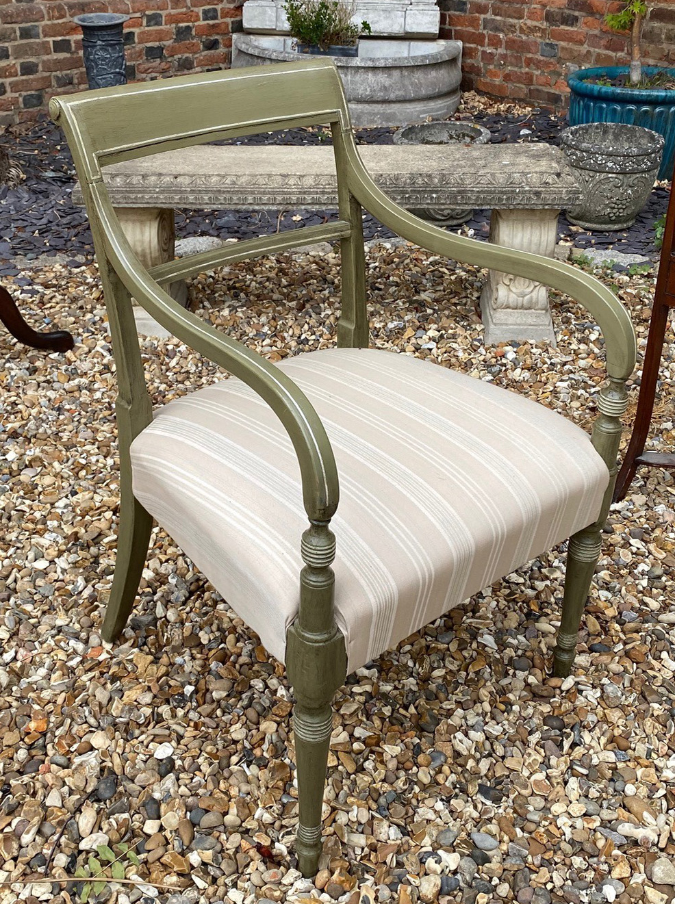 A GEORGIAN FRENCH GREY PAINTED OPEN ARMCHAIR With fabric upholstered seat. (51cm x 52cm x 80cm)