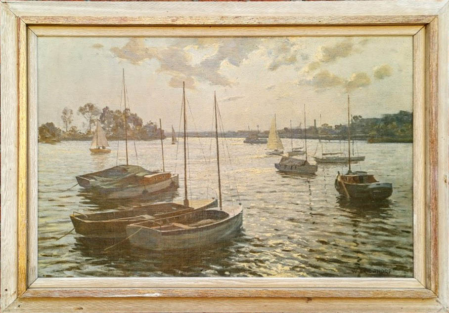 W. ERIC THORP, ENGLISH, 1901 - 1993, VINTAGE OIL ON CANVAS Sailing boats at sea, signed, retained by