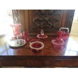 A COLLECTION EIGHT VICTORIAN CRANBERRY GLASS ITEMS, comprising of a basket with clear glass