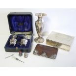 A COLLECTION OF VICTORIAN AND LATER SILVER TRINKETS, comprising of a cased pair of pepperettes,