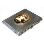 AN EARLY 20TH CENTURY HALLMARKED SILVER AND EROTIC ENAMEL RECTANGULAR CIGARETTE CASE With engine