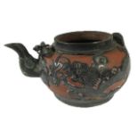 A 19TH CENTURY CHINESE YIXING TERRACOTTA AND PEWTER TEAPOT Having applied pewter dragons. (approx