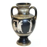 A 19th CENTURY ETRUSCAN FORM POTTERY VASE,twin handles with Classical figures on black ground.