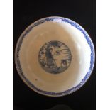 A 19th CENTURY ORIENTAL BLUE AND WHITE PORCELAIN PUNCH BOWL , hand painted with broad pattern