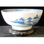 AN 18th CENTURY CHINESE EXPORT PORCELAIN BLUE AND WHITE PUNCH BOWL ,hand painted landscape scene