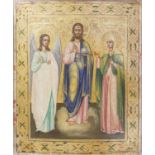 A FINE LATE 19TH CENTURY RUSSIAN ICON, ATTRIBUTED TO A. GLAZUNON, CHRIST PANTOCRATOR IN CENTRE,