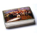 A SILVER NOVELTY 'CHARGE OF THE LIGHT BRIGADE' ENAMEL RECTANGULAR PATCH BOX With equestrian battle