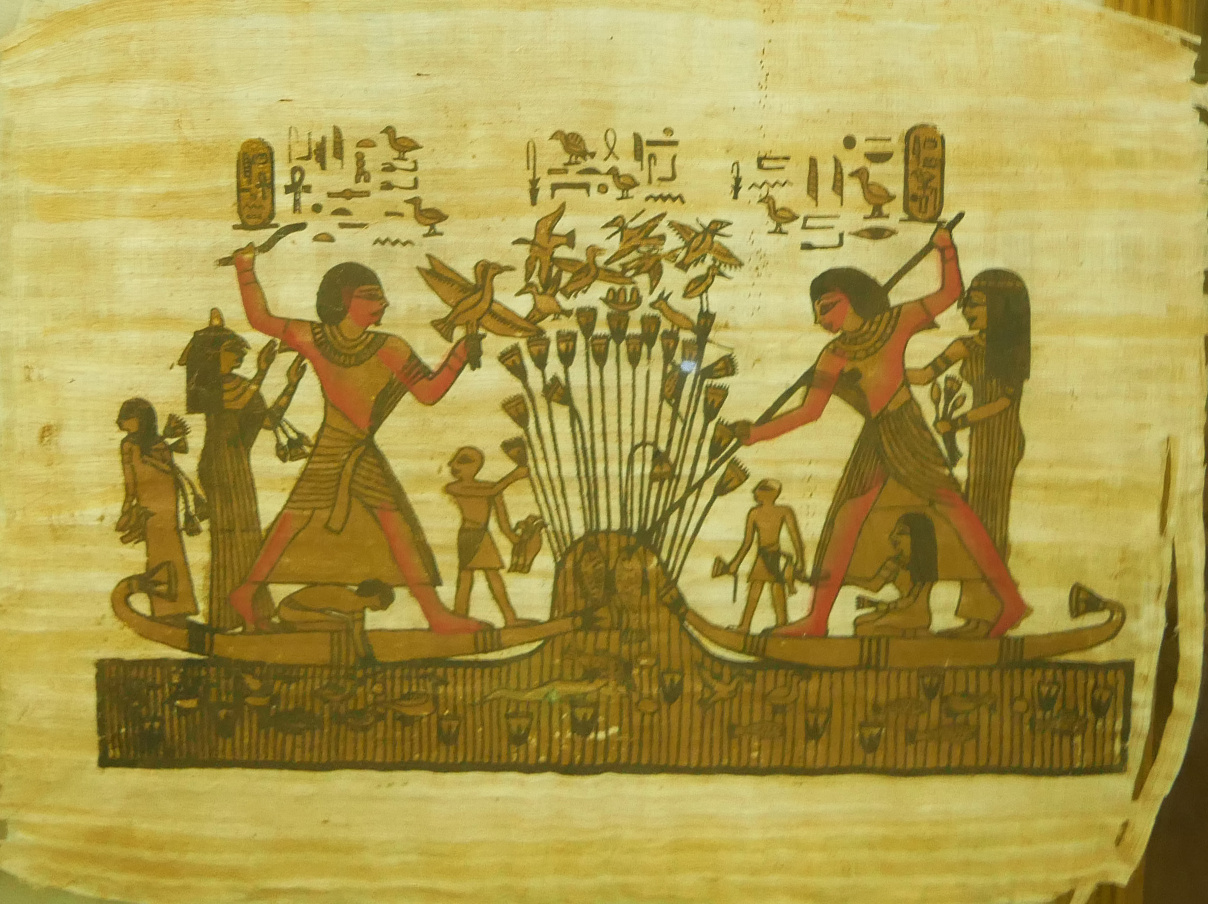 TWO EGYPTIAN FIGURAL PAPYRUS PAINTINGS Feature Pharaohs and a harvesting scene, together with