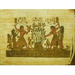 TWO EGYPTIAN FIGURAL PAPYRUS PAINTINGS Feature Pharaohs and a harvesting scene, together with