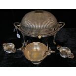 A VICTORIAN SILVER PLATED BREAKFAST DISH Twin handles with roll top and flutes design, together with