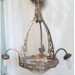 AN ART NOVEAU DESIGN GILT BRASS THREE BRANCH CHANDELIER With pierced decoration in the form of