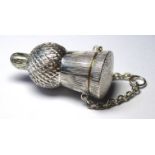 AN UNUSUAL WHITE METAL THISTLE FORM WHISTLE AND VINAIGRETTE Embossed textured finish with silver