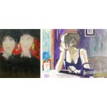 TWO 20TH OIL AND ACRYLIC ON BOARDS Portraits of ladies, one double sided, both framed. (largest 79cm