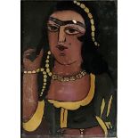 AN EARLY 20TH CENTURY REVERSE GLASS PAINTING Stylised portrait of an Indian maiden, framed and