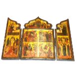 AN ANTIQUE 19TH CENTURY OR EARLIER PROVINCIAL RUSSIAN ORTODOX TRIPTYCH PORTABLE ALTAR ICON