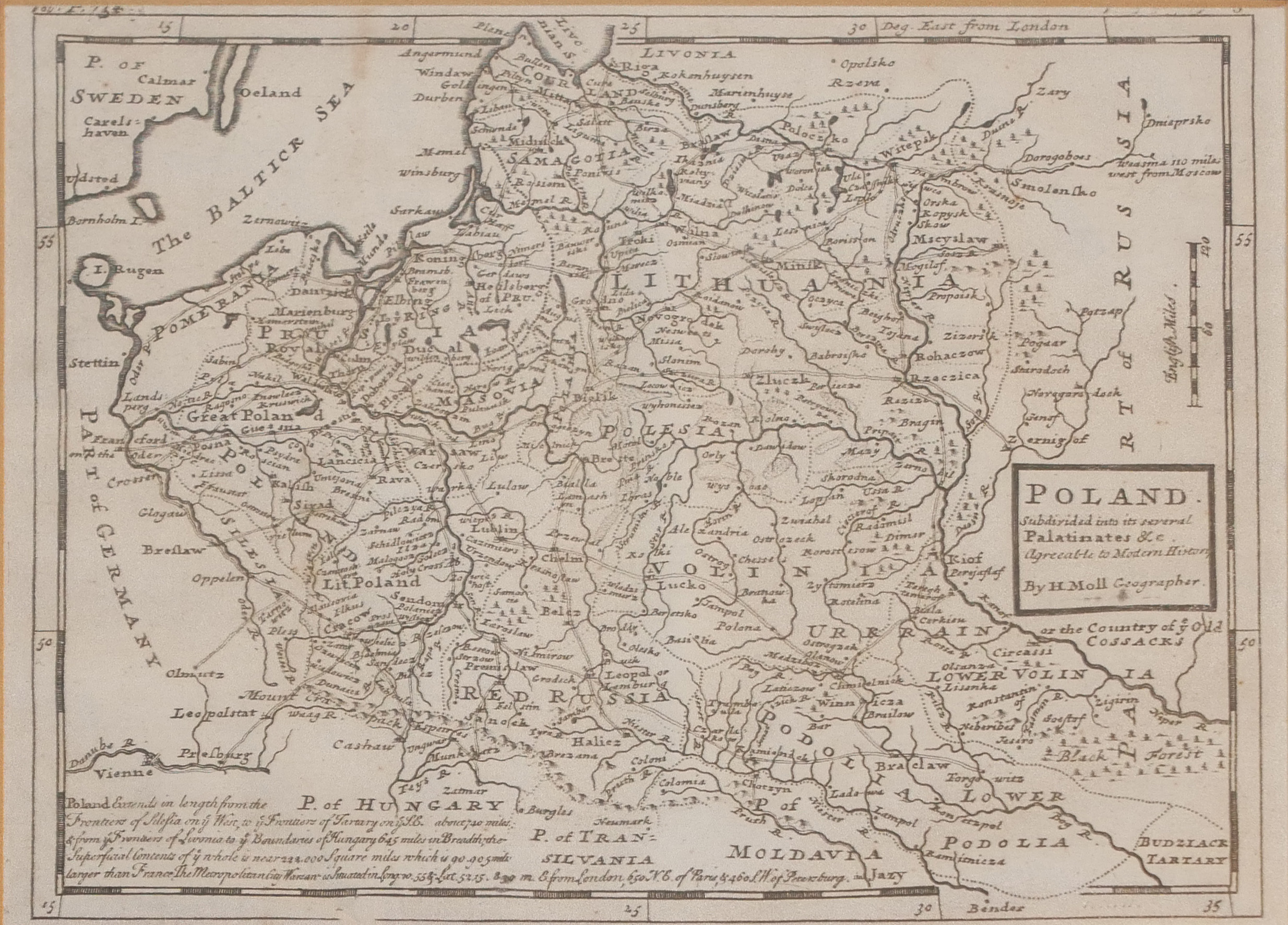 H. MOLL, AN EARLY 18TH CENTURY BLACK AND WHITE ENGRAVING, MAP OF POLAND Titled 'Poland Subdivided