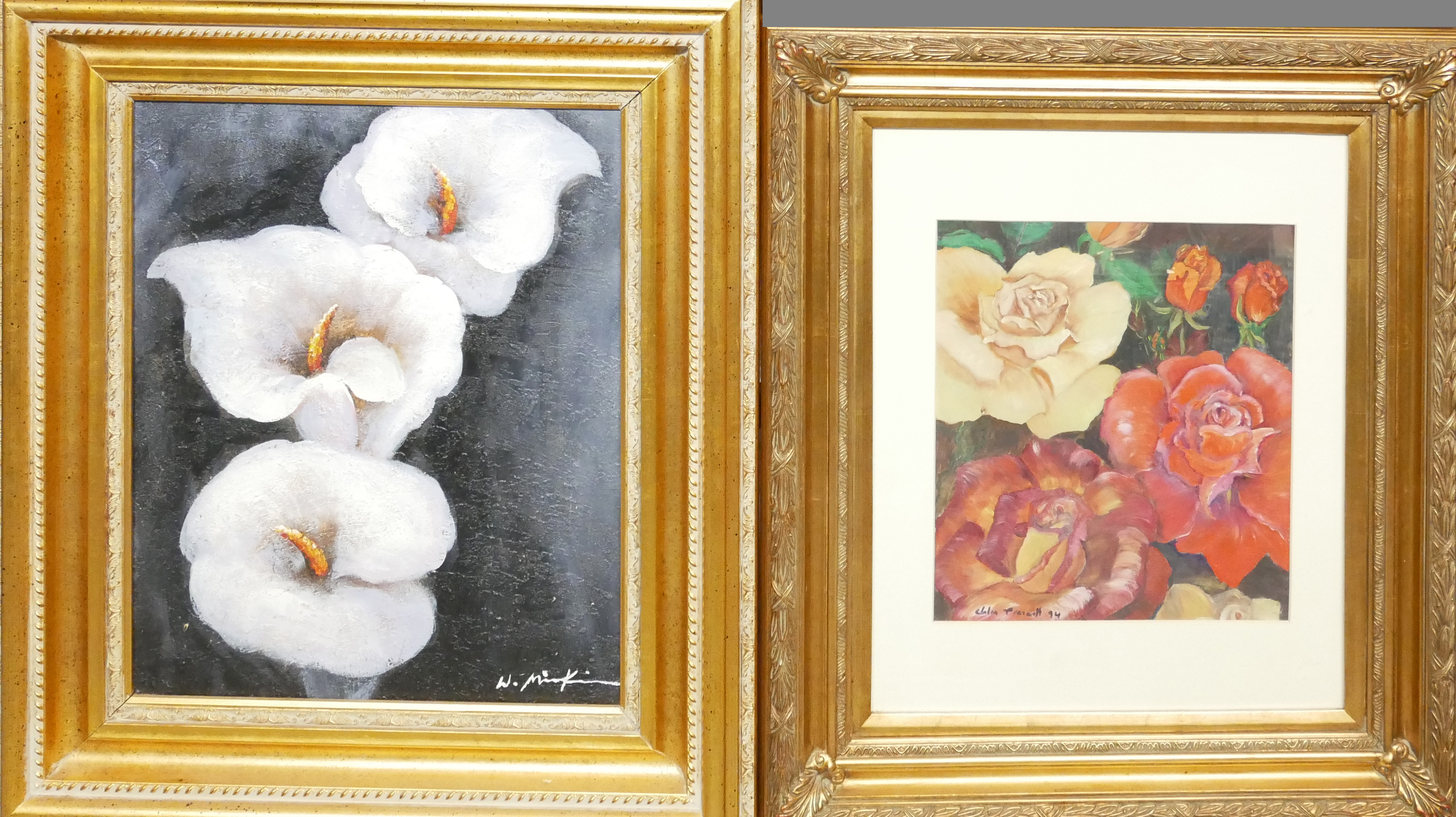 TWO CONTEMPORARY OILS ON CANVAS AND BOARD To include still of flowers, both framed and bearing