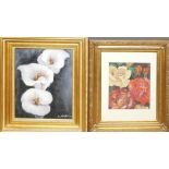 TWO CONTEMPORARY OILS ON CANVAS AND BOARD To include still of flowers, both framed and bearing