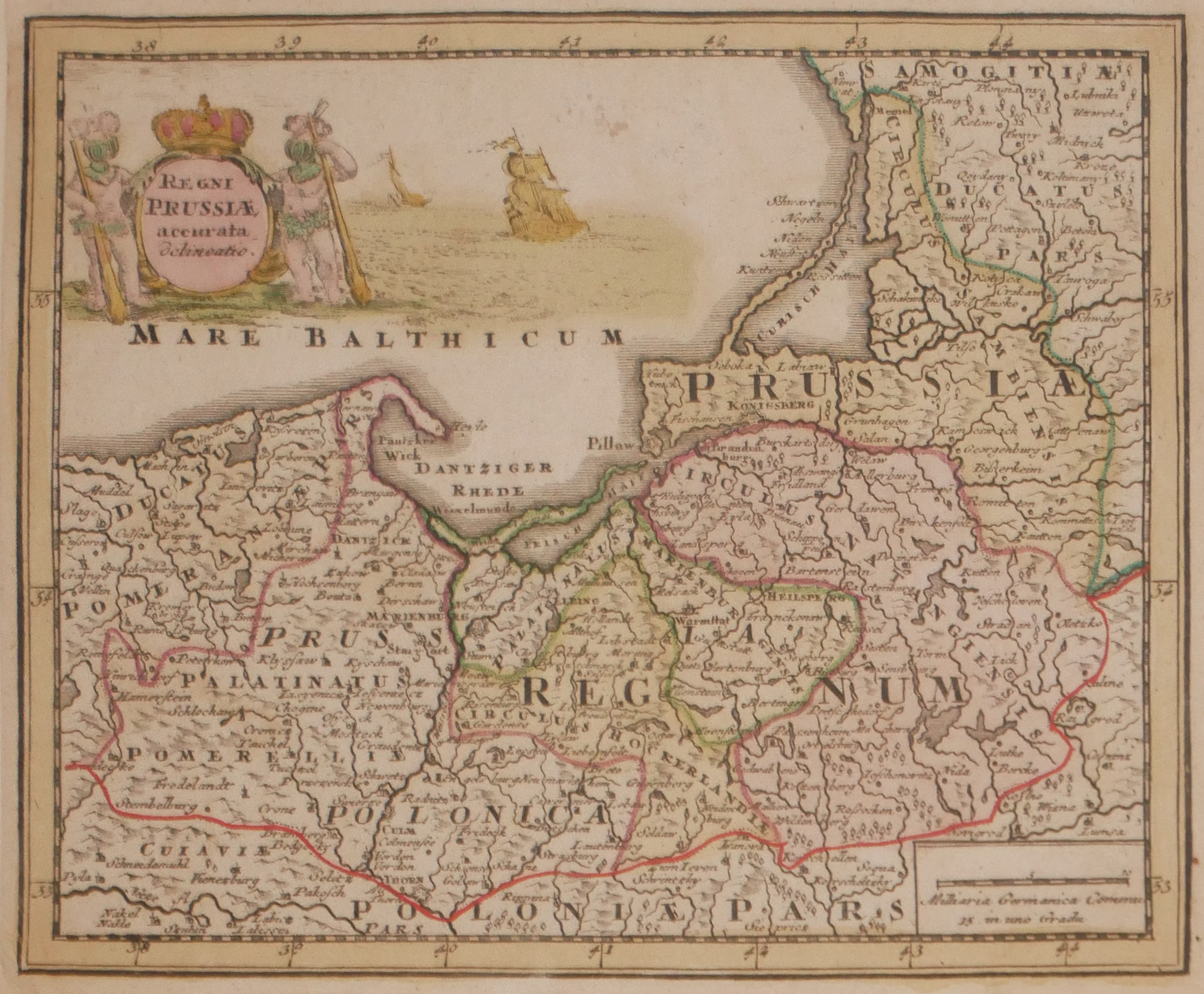 JOHAN CHRISTOPH WEIGEL, AN EARLY 18TH CENTURY HAND COLOURED ENGRAVING, MAP OF PRUSSIA Titled '