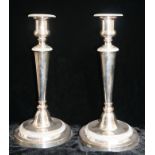 A PAIR OF EARLY 19TH CENTURY SHEFFIELD PLATE CANDLESTICKS Having gadrooned border and spherical