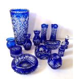 A COLLECTION OF 20TH CENTURY BLUE BOHEMIAN GLASS WARE Comprising a large vase, two scent bottles,