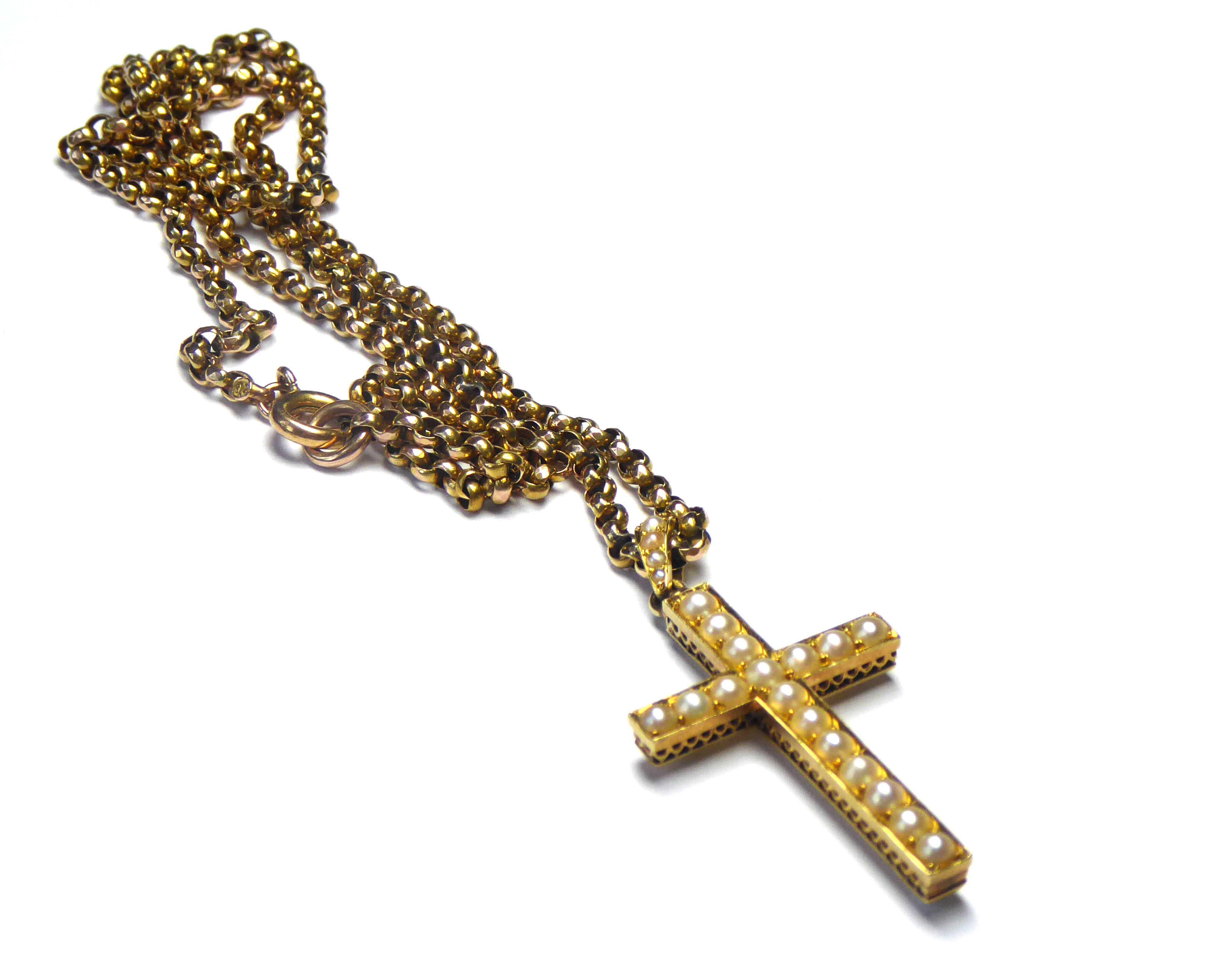 A VICTORIAN YELLOW METAL AND SEED PEARL CRUCIFIX WITH 9CT GOLD NECKLACE The single row of seed - Image 2 of 3