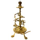 A 19TH CENTURY FRENCH BRONZE ORGANIC FORM TABLE LAMP Hung with glass beads, the circular platform