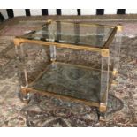 A HEAVY GILT METAL AND PERSPEX TWO TIER OCCASIONAL TABLE With bevelled plate glass shelves. (50cm