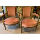 A PAIR OF EARLY 19TH CENTURY FRENCH CARVED WOOD AND PAINTED ARMCHAIRS.