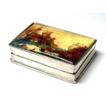 A SILVER AND ENAMEL MARINE SCENE RECTANGULAR PILL BOX With enamel battle scene to lid. (approx 4cm x