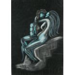 FOLLOWER OF MAN RAY PAINTING ON VELVET Embracing couple, bearing signature, dated, framed. (sight