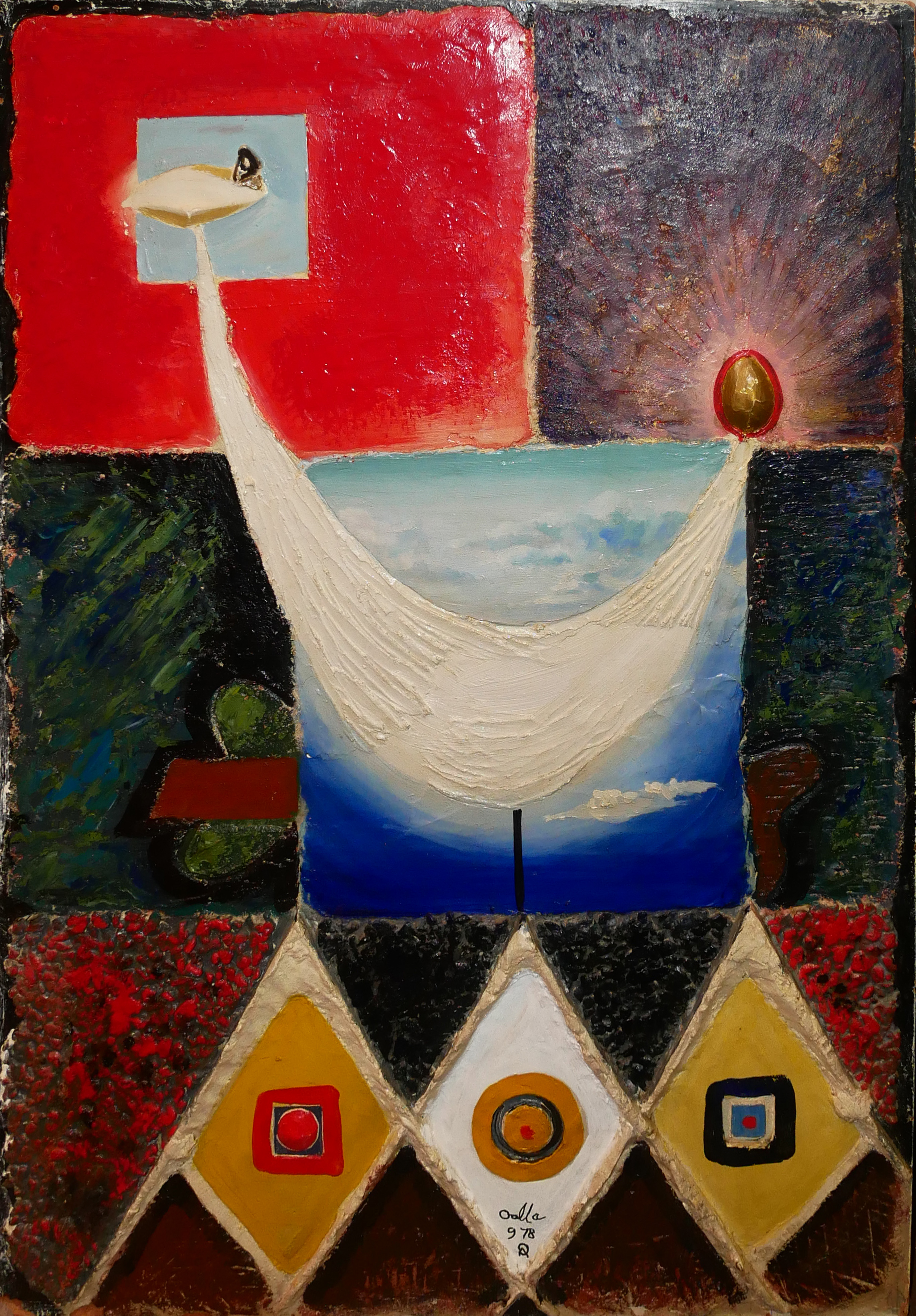 A 20TH CENTURY OIL ON BOARD ABSTRACT Bearing signature and dated. (49cm x 71cm)