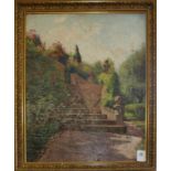 AN EARLY 20TH CENTURY OIL ON CANVAS, CONTINENTAL IMPRESSIONIST LANDSCAPE Garden steps,