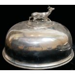 A VICTORIAN SILVER PLATED FIGURAL MEAT COVER Having a deer form finial on rustic base and beaded