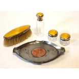 THREE SILVER AND ENAMELLED GLASS POTS AND BRUSH Along with an 18th Century copper penny set in a