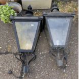 A PAIR OF VICTORIAN STYLE IRON AND COPPER LAMPPOST LANTERNS With four tapered sides. (100cm x 46cm)
