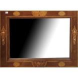 A MAHOGANY MARQUETRY INLAID MIRROR. (w 97cm x h 72cm)