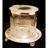 ELKINGTON & CO., A VICTORIAN SILVER PLATE AND ETCHED GLASS BISCUIT CYLINDRICAL BARREL Glass finely