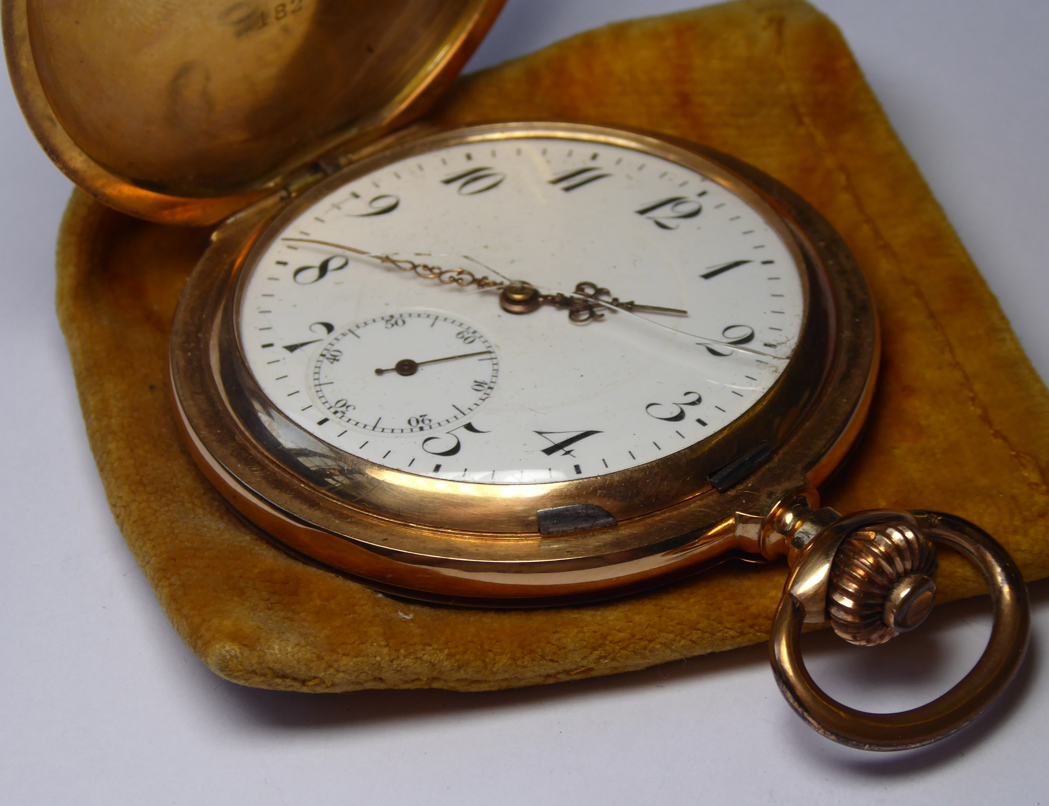 AN EARLY 20TH CENTURY 14CT GOLD GENT'S FULL HUNTER POCKET WATCH Having Arabic number markings and - Image 2 of 2