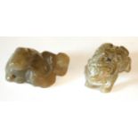 TWO CHINESE HAN DYNASTY, 206BC - 220AD, JADE CARVINGS, TEMPLE LION AND RECUMBENT DOG WITH PUPPY. (