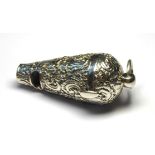 AN UNUSUAL WHITE METAL CONICAL FORM WHISTLE WITH VINAIGRETTE Embossed decoration and gilt pierced