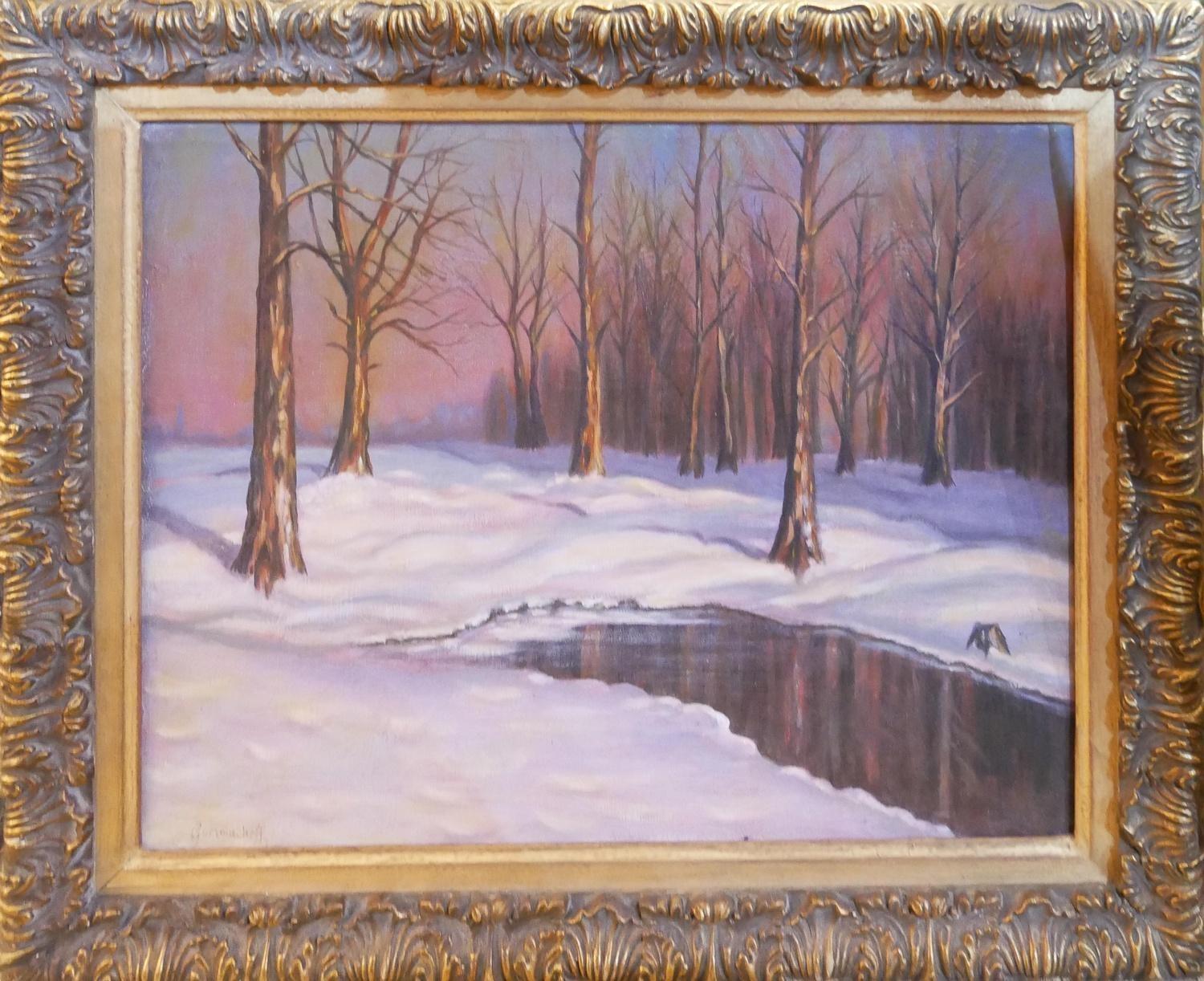 ATTRIBUTED TO MIKHAIL GUERMACHEFF, 1867-1930, AN EARLY 20TH CENTURY OIL ON CANVAS Winter - Image 3 of 7