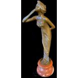 A BRONZE ART NOUVEAU DESIGN FIGURE, MAIDEN BLOWING KISS On rouge marble base. (approx 22cm)