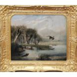 WITHDRAWN A 19TH CENTURY DUTCH OIL ON CANVAS, DUCK HUNTING SCENE, ORNATE GILT FRAMED. (frame 60.