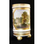 AN EARLY 19TH CENTURY DERBY PORCELAIN SPILL CYLINDRICAL VASE With hand painted landscape in a gilt
